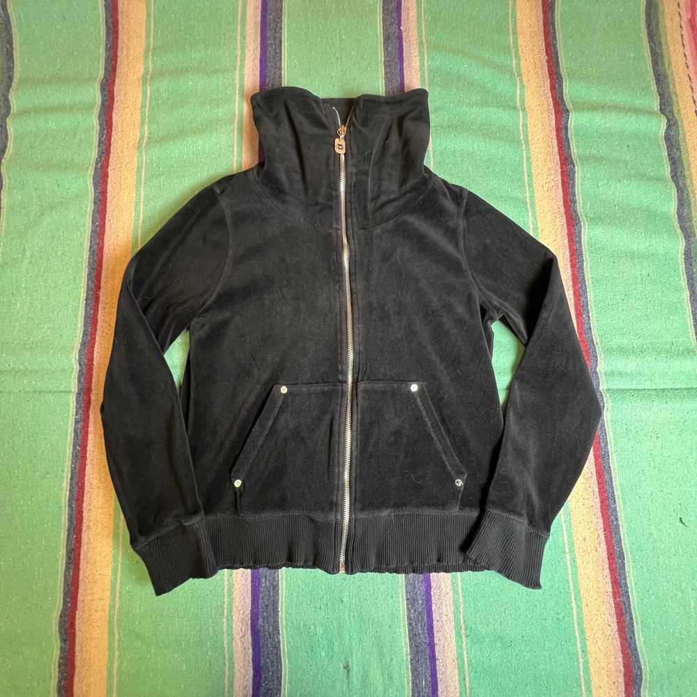 Michael Kors Velour Jacket Womens Medium Black Funnel Neck Y2K Zip Up Hoodie